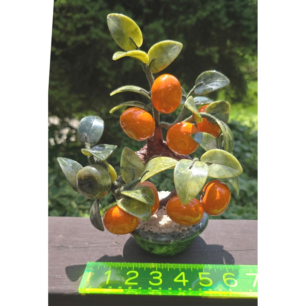 Vintage Chinese Glass Jade Agate Orange Persimmon Bonsai Tree Carved Pot - Picture 8 of 9